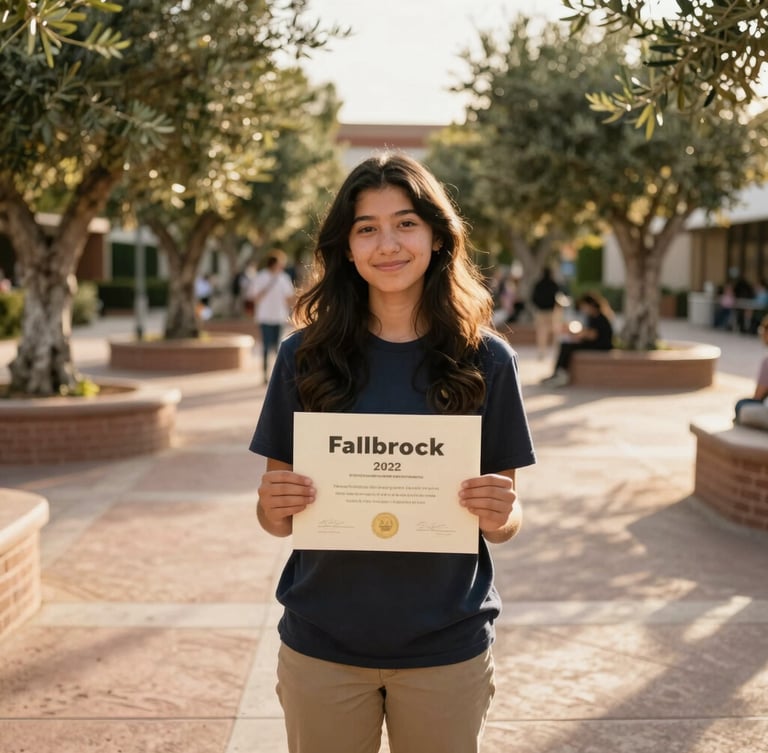 A warm environmental portrait of a young adult Fallbrook student holding an award certificate, standing in a sun-drenched outdoor plaza with olive trees, soft golden-hour sunlight, 35mm lens