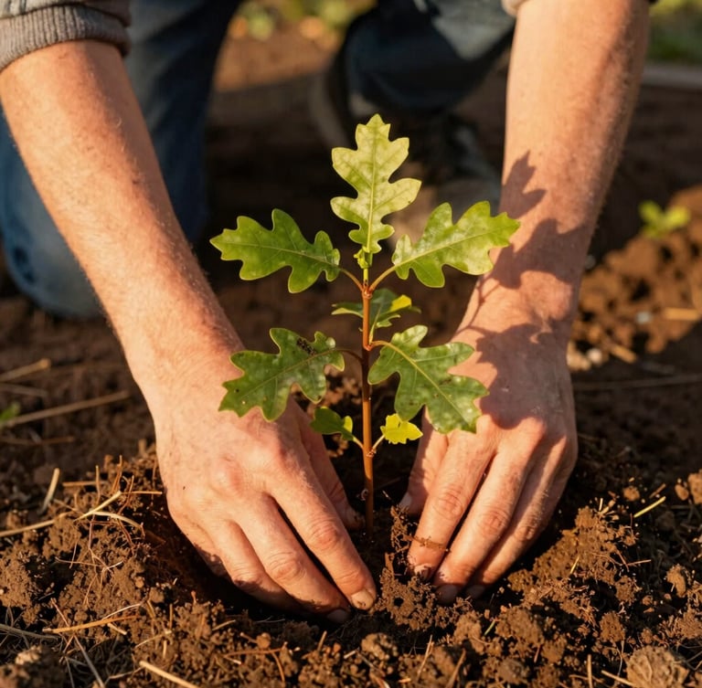 Close-up of hands planting a young oak sapling in warm soil, golden-hour sunlight highlighting the green leaves and rich earth, candid community work
