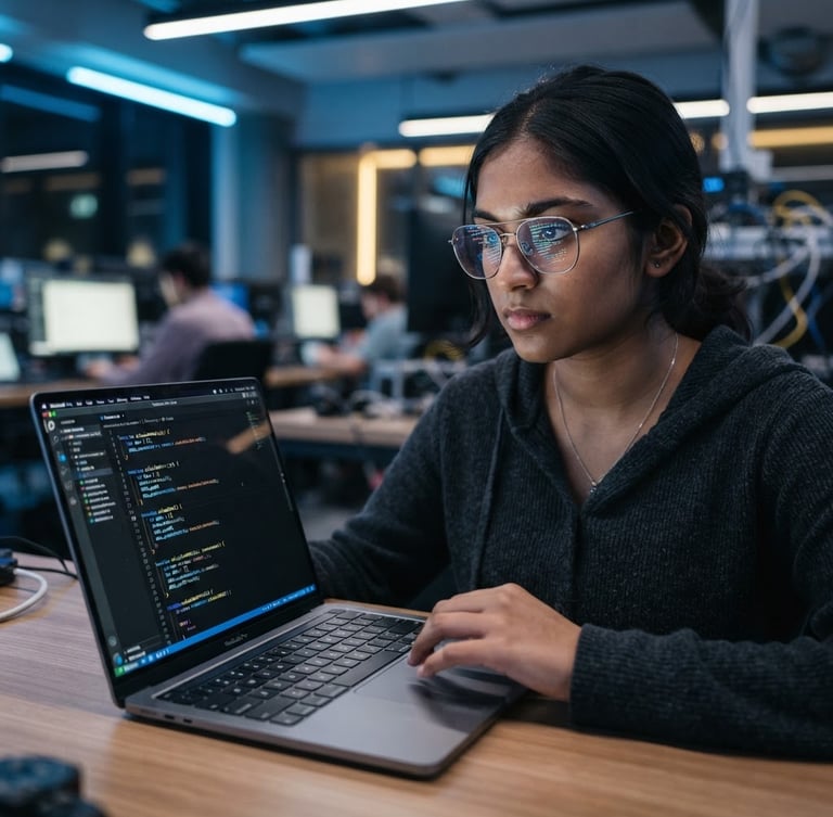Close-up of a student programming on a laptop in a modern, cool-toned tech lab, code reflecting in their glasses, focused and determined expression, crisp editorial photography, blue and gold ambient accents, 85mm.