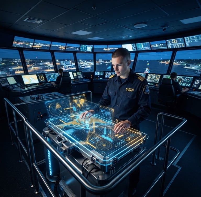 Vista panorámica amplia de un puente de mando de simulación marítima de alta tecnología, con un estudiante en uniforme de capitán interactuando con pantallas holográficas, iluminación de estudio fría con vibrantes acentos azules y dorados, fotografía editorial nítida, 85mm.