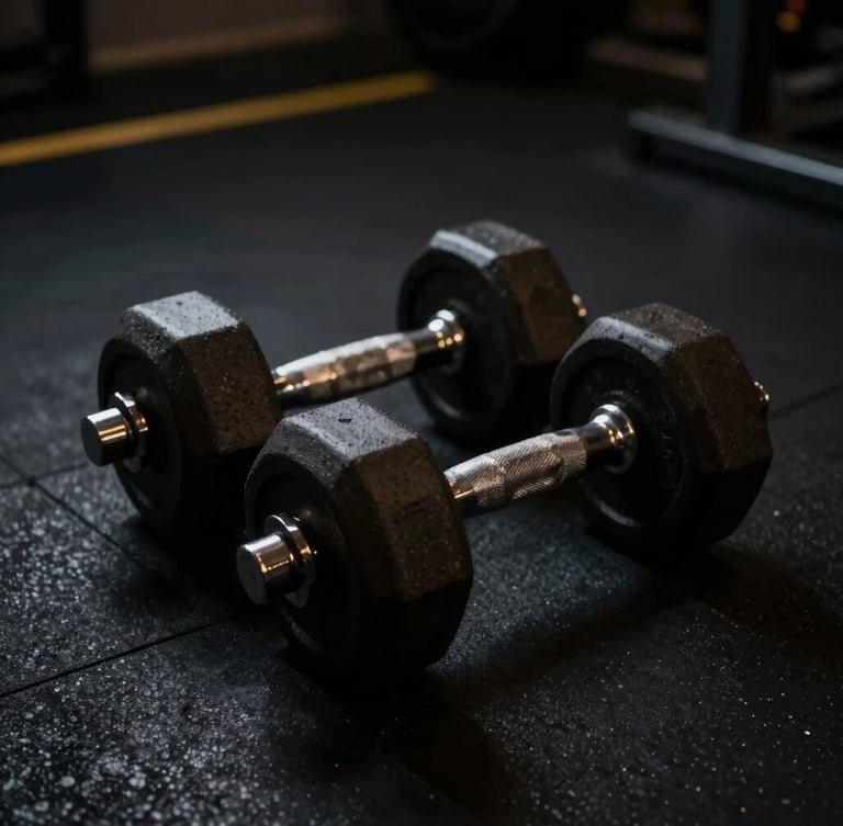 Dramatic low-key shot of premium dark dumbbells on a black floor, subtle gold light accents, moody atmosphere