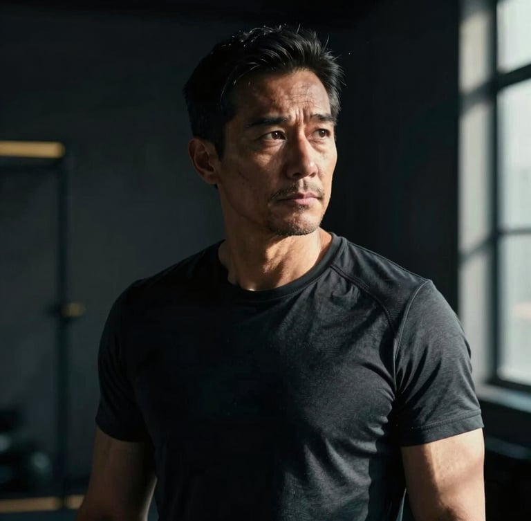 Moody cinematic photography of a mature man in his 40s with sharp focus, side-lit by dramatic window light, dark background, premium athletic setting, 35mm.