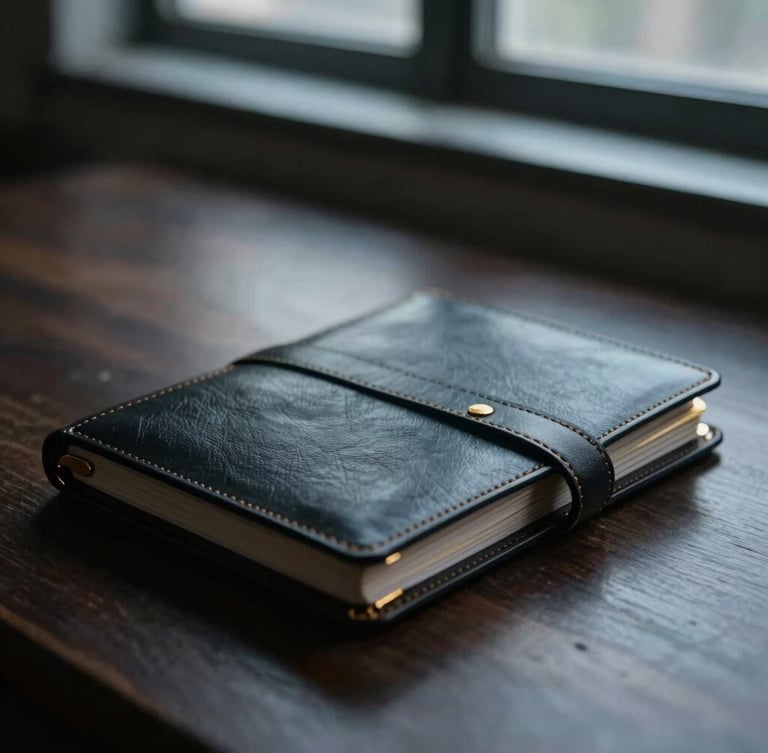 Cinematic close-up of a structured leather planner on a dark wooden desk, moody window light, shallow depth of field
