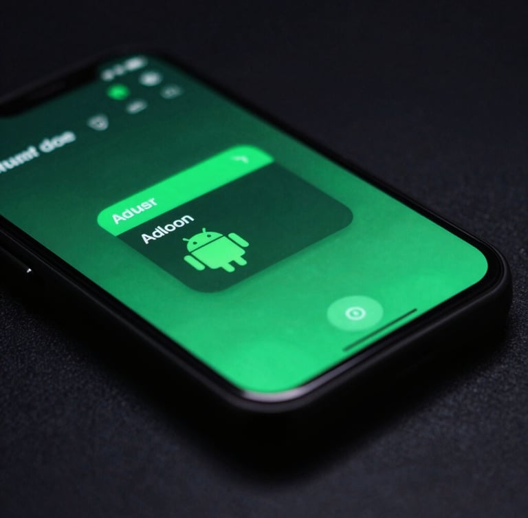 Macro shot of a high-fidelity Android application interface running on a physical test device, moody dark studio lighting with electric green glow, shallow depth of field