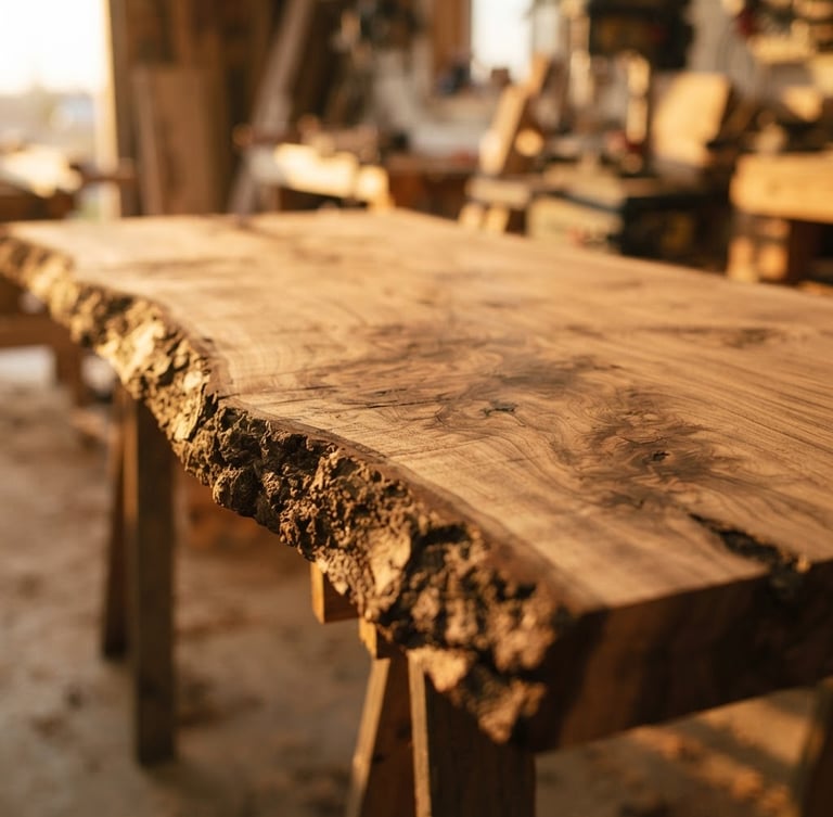 Warm editorial photography of a raw walnut slab showing natural grain and live edge, low-angle golden-hour sunlight, shallow depth of field, 35mm