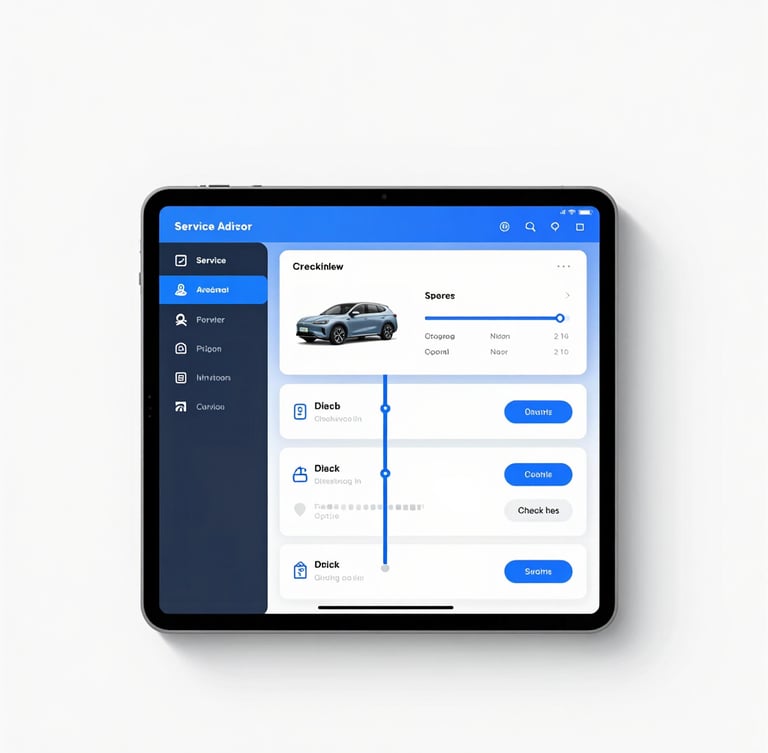 Direct flat-lay of a modern tablet displaying a service advisor dashboard with clean vehicle check-in paths and real-time shop data, bright studio lighting, cool blue accents.