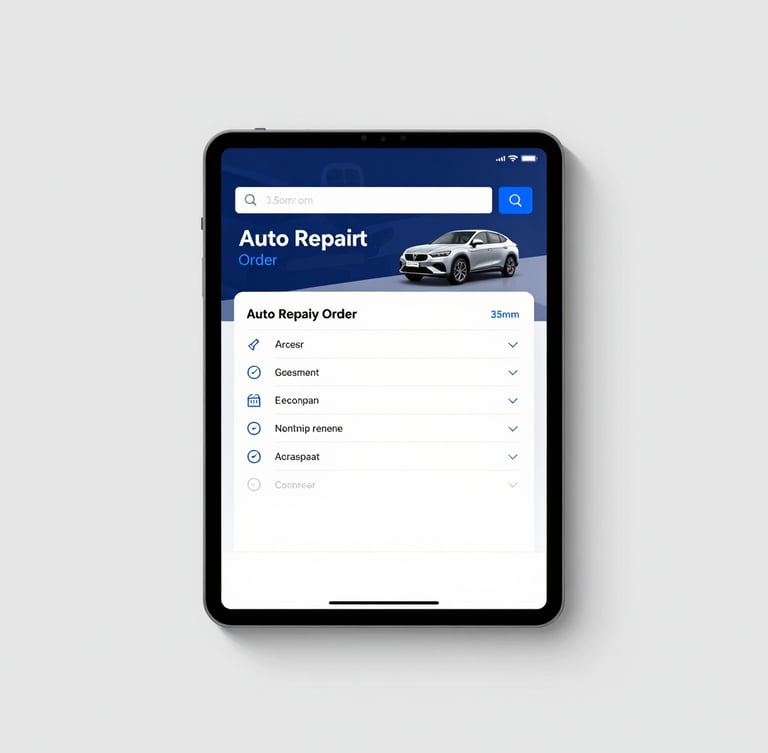 Flat-lay high-fidelity tablet UI mockup displaying an active auto repair order with digital vehicle inspection checklist, clean slate gray background, electric blue accent highlights
