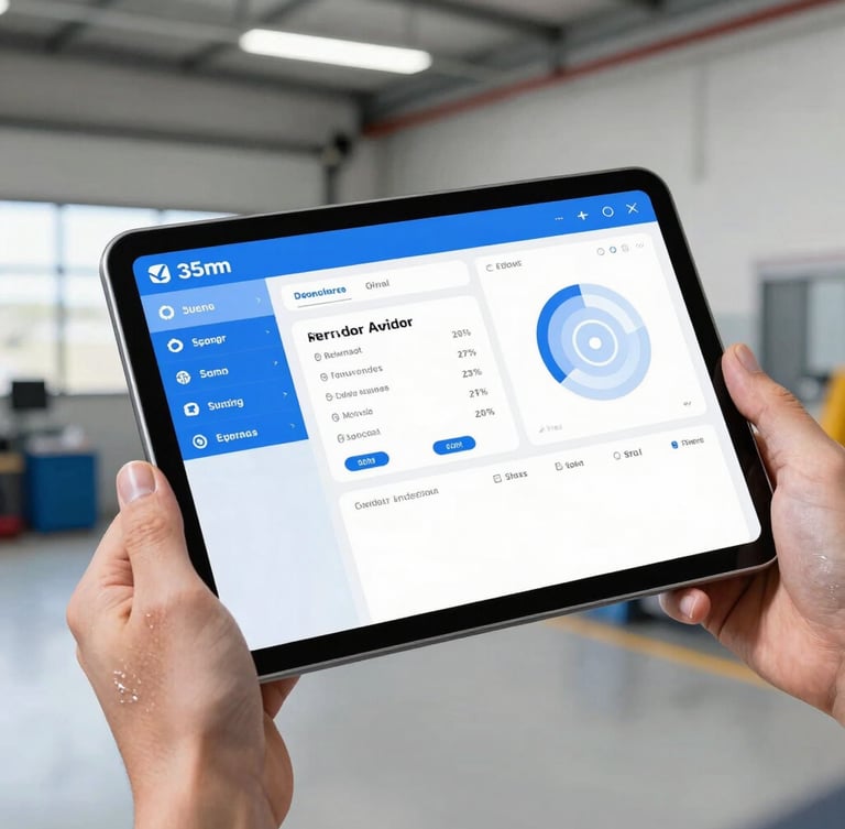 Close-up of a rugged tablet showing a service advisor dashboard, held by hands with faint grease marks in a clean modern garage bay, bright natural daylight, 35mm