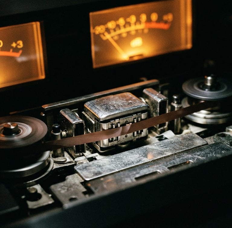 Extreme close-up of a vintage cassette deck tape head, magnetic tape running across the metal, glowing orange VU meters in the dark background, harsh high-contrast lighting, 35mm film grain.