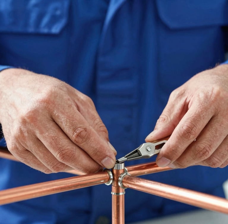 Close-up of a technician's hands working on copper pipes with precision tools, bright clean daylight.