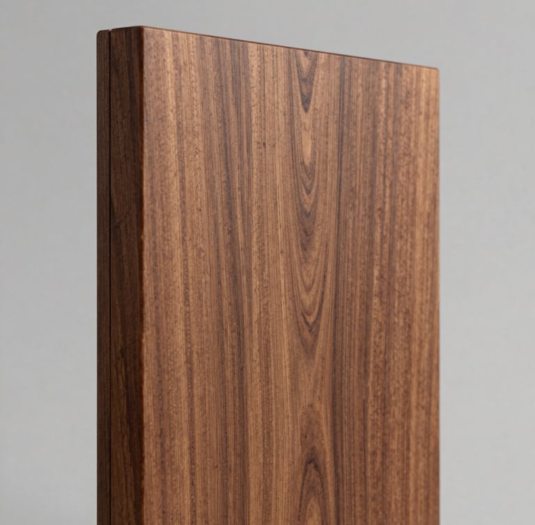 Macro close-up of a premium walnut wood plaque, clean-cut sharp edges, fine natural grain, cool diffused corporate studio lighting, grey background.