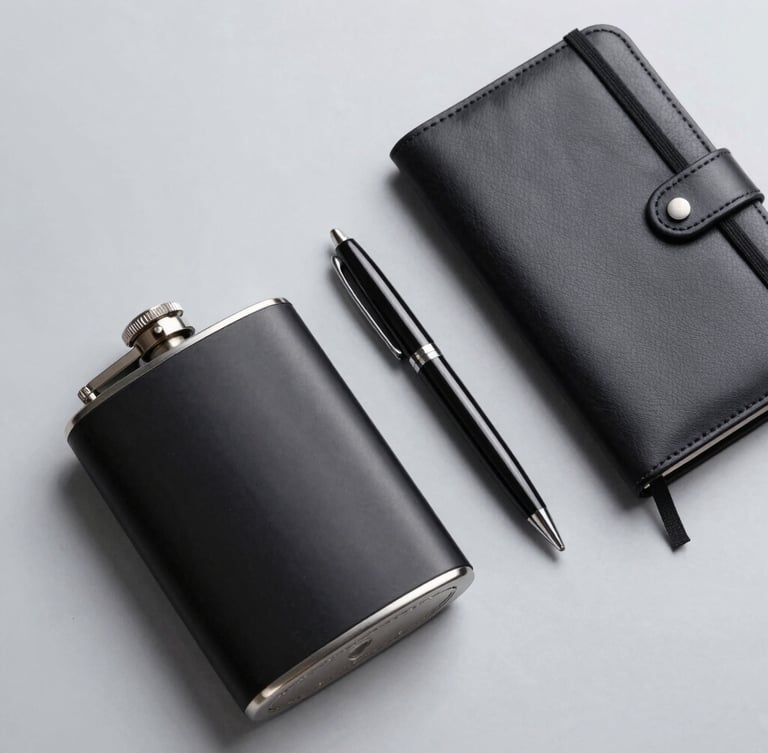A clean flat-lay of premium corporate gift sets on a light grey background, featuring a matte black flask, a leather notebook, and a sleek pen, cool studio lighting, sharp focus.