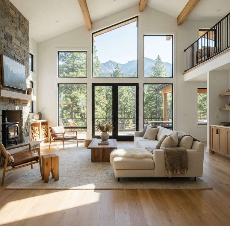 Bright sunlit modern mountain home living room with clean architectural lines, immaculate hardwood floors, large windows looking out to pine trees