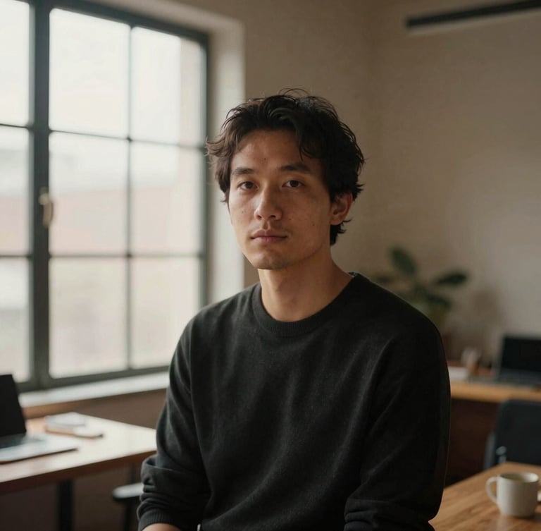 An editorial portrait of a modern creative professional in a warm, minimalist office space, soft window light, rich muted tones