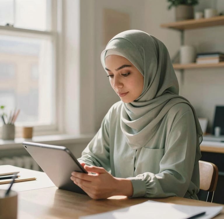 A professional Muslim woman in a creative, sunlit London design studio, working on a tablet, soft natural window light, muted sage and warm cream tones, shallow depth of field, 35mm film style