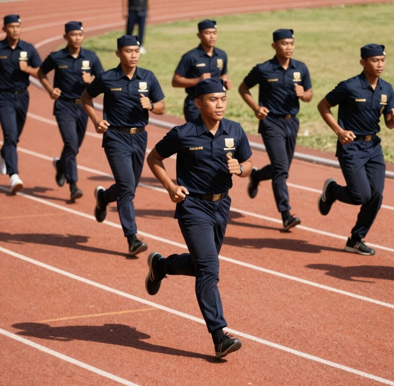 Medium action shot of Indonesian military academy candidates in navy training gear running on a track, high-contrast daylight, dramatic shadows, 35mm