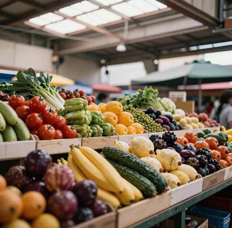 Medium environmental shot of a traditional CDMX public market stall, vibrant colorful produce arranged neatly, warm natural daylight filtering through skylight, 35mm