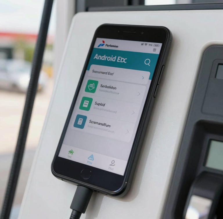High-resolution close-up of a modern Android EDC terminal displaying a secure transaction interface at a Pertamina gas station, bright daylight, sharp focus on the tactile screen, clean branding.