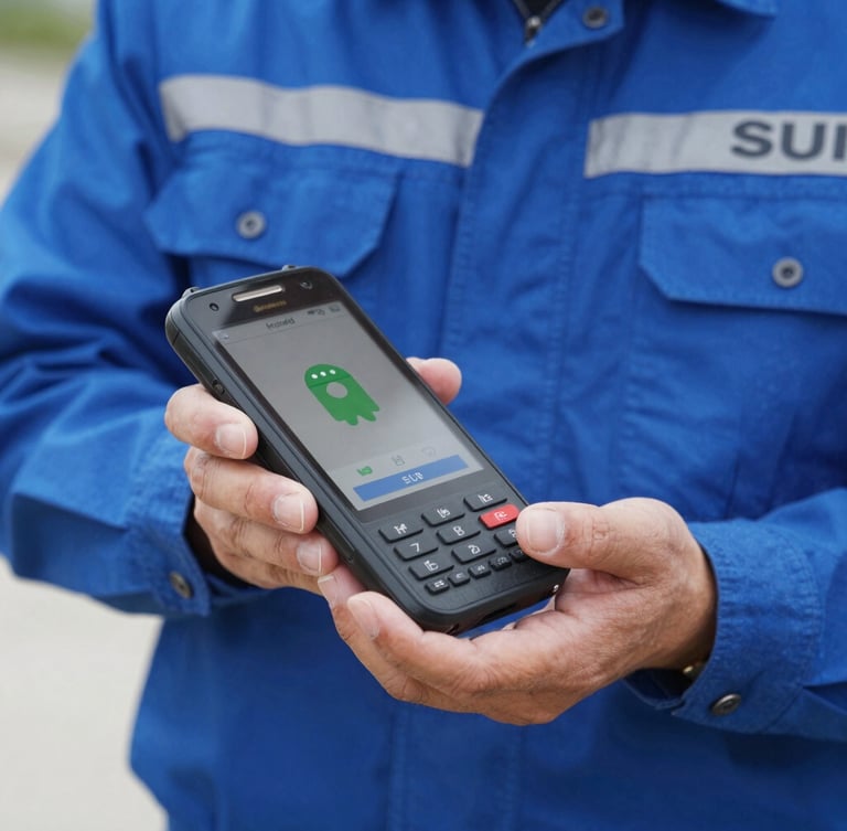 Close-up of a field engineer in a clean blue SUI uniform holding a modern Android EDC terminal, bright daylight, sharp focus on the secure transaction screen, professional setting.