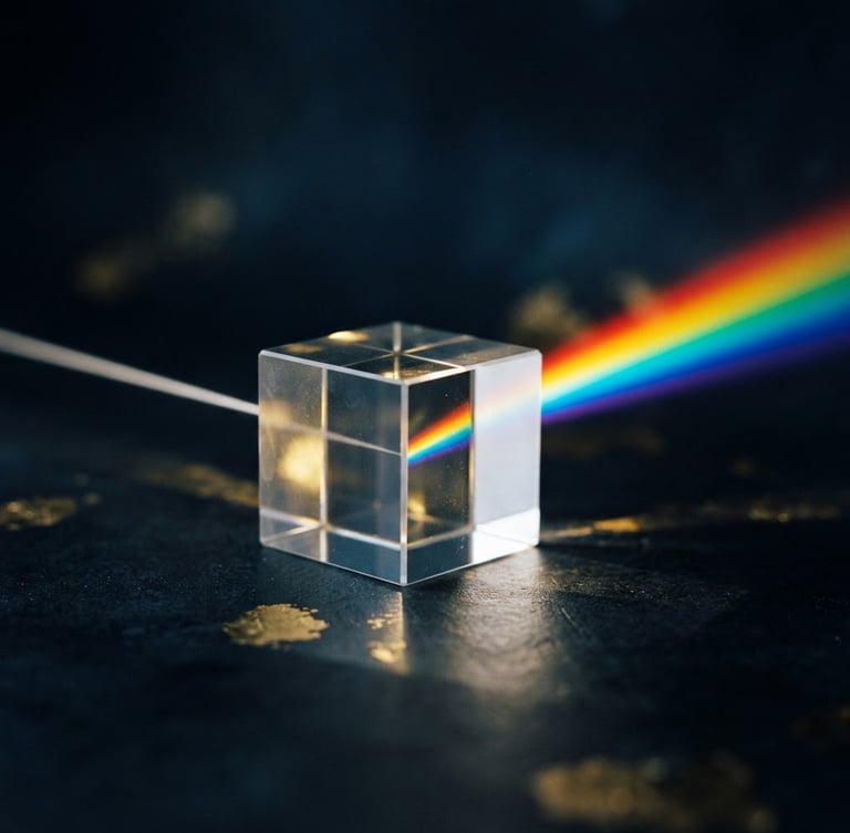 Macro photograph of a clean, minimalist glass prism splitting a single beam of light into a sharp spectrum, dark moody background, subtle gold reflections, 35mm lens