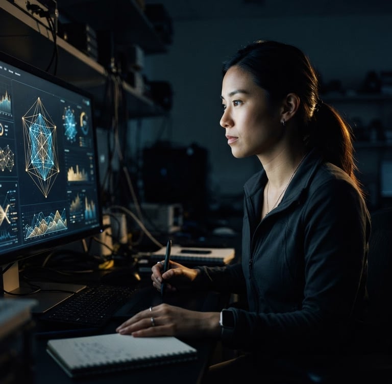 Low-key moody editorial portrait of a focused researcher analyzing geometric data patterns on a dark screen, subtle gold rim lighting, 35mm lens.