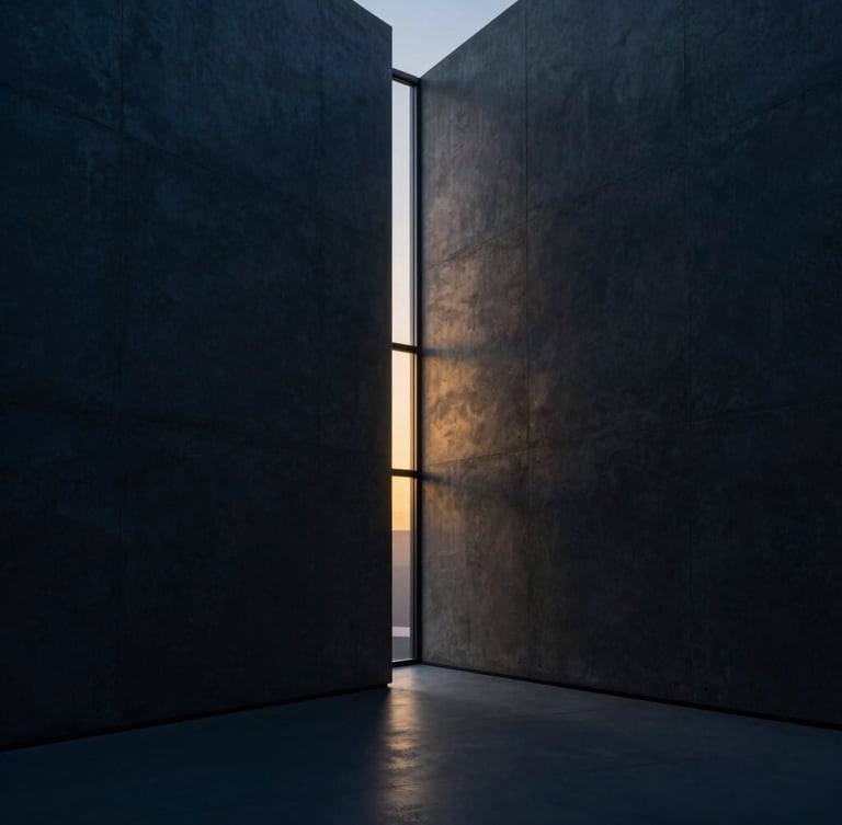 Wide shot of a minimalist, modern research center with clean geometric lines, dark concrete walls, soft golden light spilling from a narrow window, cinematic atmosphere.