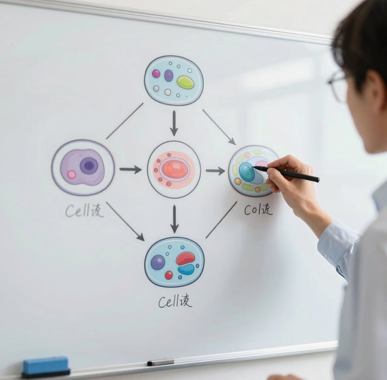 An instructor drawing a clean concept map of cell division on a pristine whiteboard, bright classroom lighting, crisp details, shallow depth of field.
