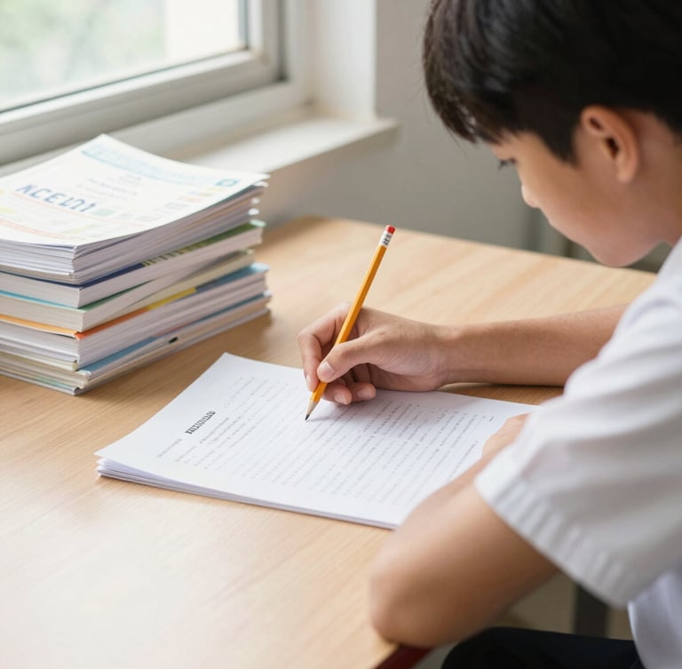 A focused high school student at a clean wooden desk, analyzing a mock test paper with a pencil, soft morning daylight filtering through a window, NCERT textbooks stacked neatly in the background, 35mm photography.