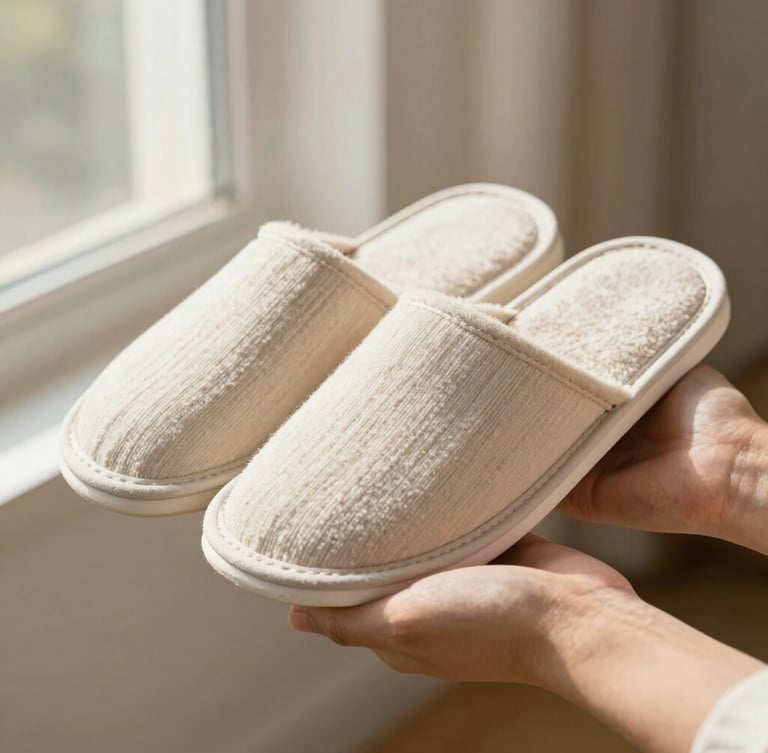 Close-up of hands holding a pair of neatly folded light beige cotton slippers, showcasing the rich texture of the brushed fabric under soft morning window light