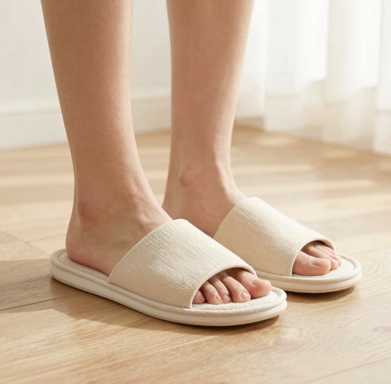 Low-angle shot of feet wearing soft beige cotton slippers resting on a light oak floor, soft morning light, minimalist background