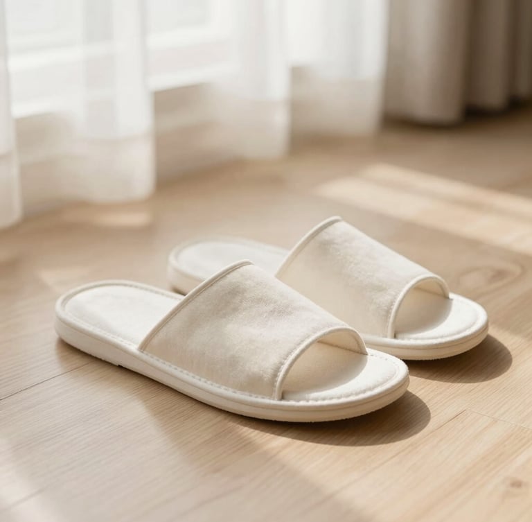Close-up of a pair of minimalist off-white cotton slippers resting on a clean light oak floor under soft morning window light