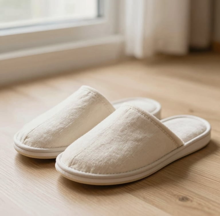 Close-up of premium brushed cotton slippers resting on a light oak floor under soft morning window light, shallow depth of field, warm beige tones.