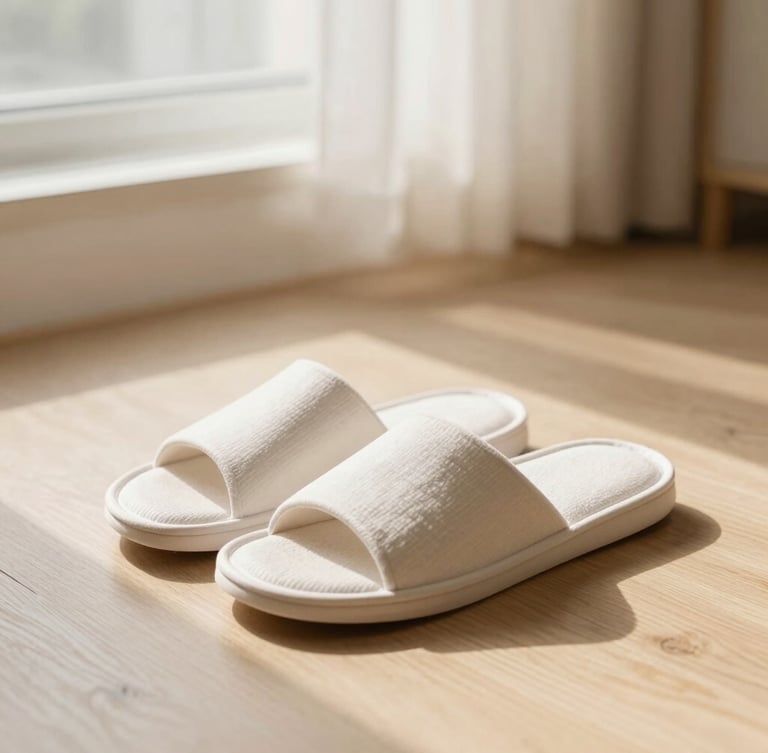 Slippers neatly folded by a bedside on a light oak floor, soft morning window light, warm shadows, minimalist beige aesthetic