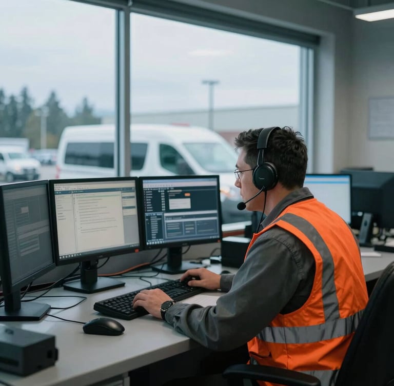 Medium shot of a dispatcher in a modern, industrial office, focused on multiple monitors, with a fleet vehicle visible through a window in the background, overcast Pacific Northwest daylight, cool tones, 35mm
