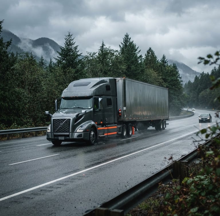 Wide shot of a commercial semi-truck on an overcast Pacific Northwest highway, reflecting grey skies, with a hint of safety orange on the truck, sharp focus, 35mm.