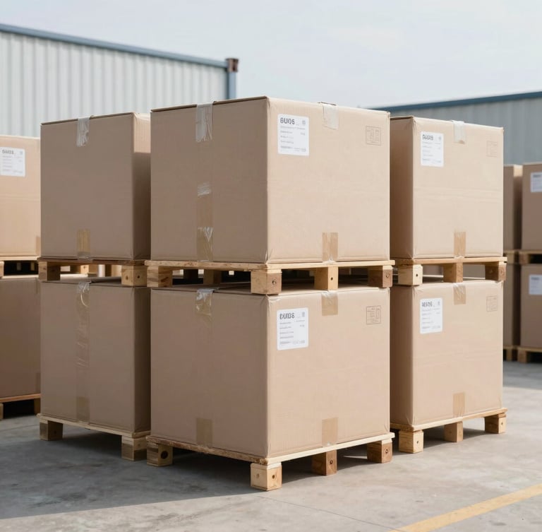 Crisp industrial photography of a clean logistics environment with structured cargo packages under bright neutral daylight, sharp focus, high-detail 35mm.
