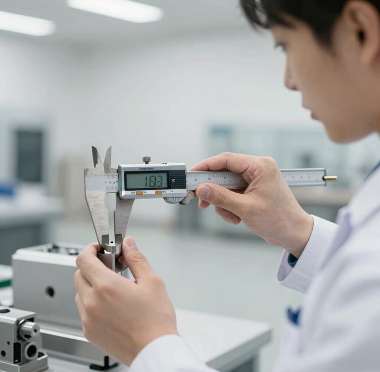 A close-up of a quality inspector using a digital caliper to measure a manufactured component in a bright, clean warehouse.