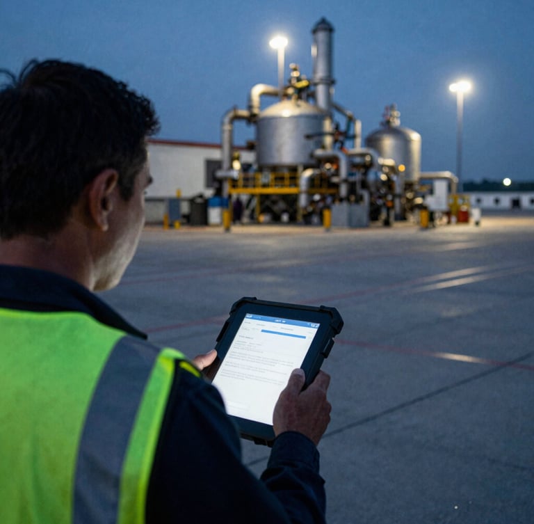 An industrial worker in a high-visibility vest using a ruggedized tablet on a dimly lit tarmac at dusk, over-the-shoulder shot, industrial documentary photography, high-contrast cool fluorescent lighting, deep shadows, sharp focus, 35mm film grain.