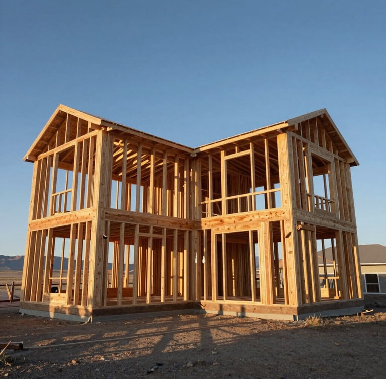 Low-angle wide shot of a massive wood-framed custom home skeleton under a crisp Northern Utah morning sky, long shadows casting geometric lines through open studs.