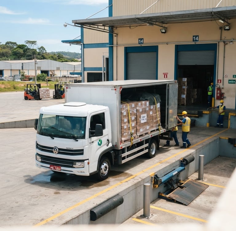 Caminhão de carga médio limpo em doca industrial em Itupeva, SP, sob luz natural brilhante, com carga segura.