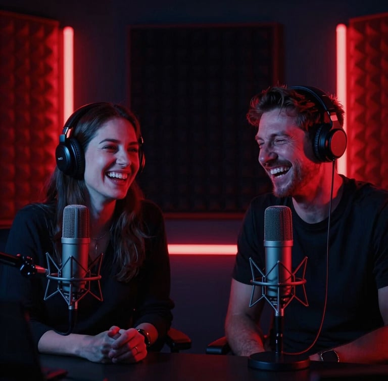 Two radio hosts laughing inside a dark broadcasting studio, neon red lights reflecting on microphones and soundproof walls, moody studio photography
