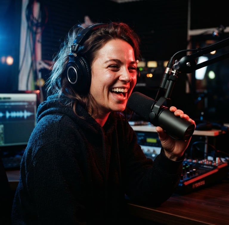 Close-up of a young energetic radio host with headphones laughing in front of a professional microphone, dramatic red and blue gel lighting, high contrast, deep shadows, 35mm lens