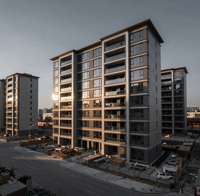 Wide-angle architectural shot of a modern luxury residential construction site under dramatic dawn light, sharp shadows, 35mm