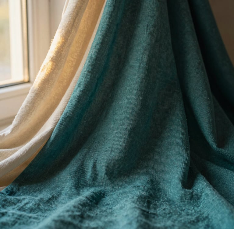 Close-up of finely woven mul cotton fabric, soft folds, light passing through, warm editorial photography, soft golden-hour window light, rich teal and ivory tones, shallow depth of field, 35mm, bleeding to the left edge.