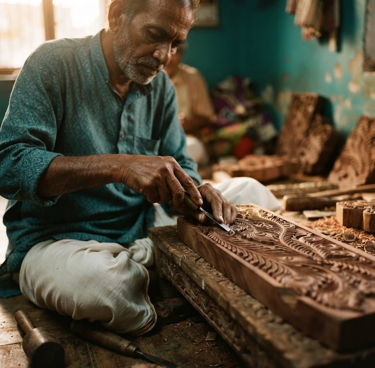 Portrait of an Indian artisan carving intricate peacock feather patterns into a wooden block, hands focused, soft golden-hour light, rich teal and ivory tones, shallow depth of field, 35mm, wide shot, bleeding to the right edge.