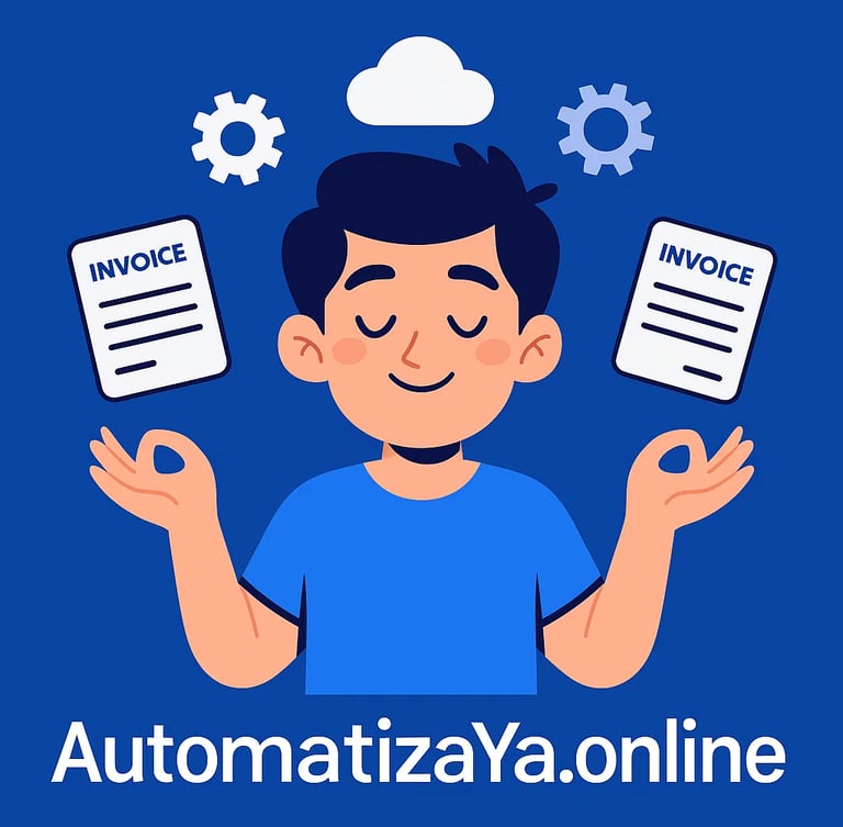 Una persona sonriendo y relajada, con elementos digitales flotando a su alrededor (como iconos de fa