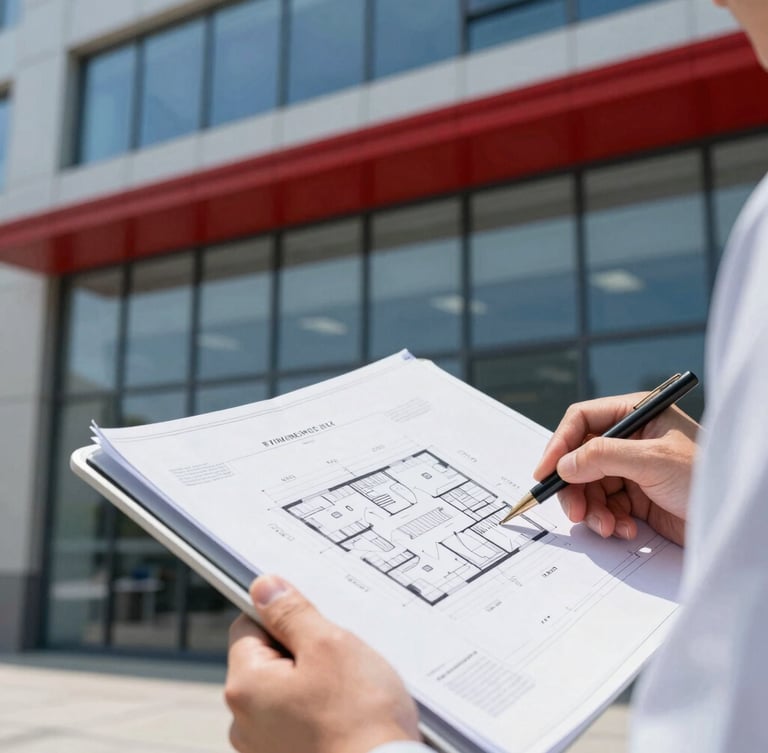 Close-up of a professional engineer reviewing architectural blueprints on a digital tablet inside a modern commercial building, bright natural daylight, high contrast