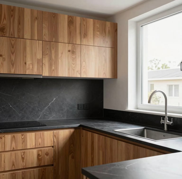 Architectural interior photography of a modern kitchen with warm oak cabinets and deep charcoal countertops, bright natural window light, sharp focus, 35mm