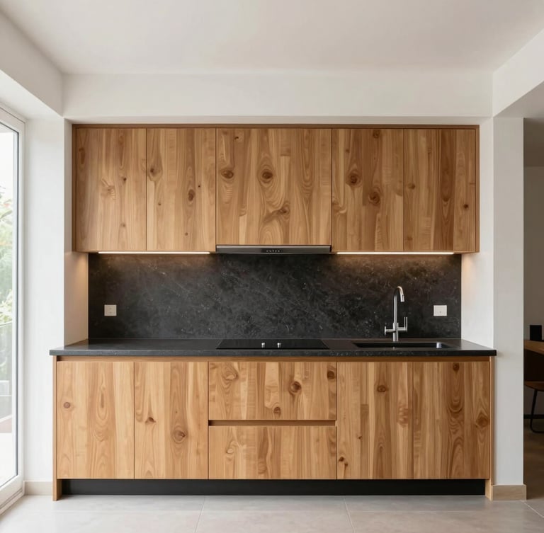 Straight-on architectural shot of a custom modular kitchen, warm oak cabinets, charcoal quartz countertops, integrated lighting, bright daylight, 35mm