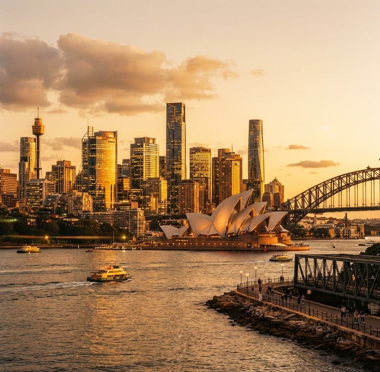 Cinematic architectural sweep of Sydney harbor skyline at golden hour, dramatic low angle, luxury skyscrapers reflecting warm gold light, anamorphic lens, 35mm look